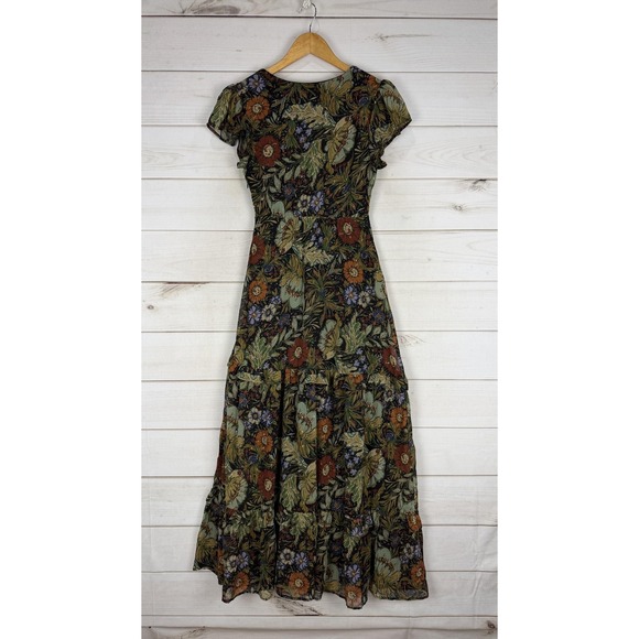 Böhme Dress Womens XS Multicolor Floral Chiffon Maxi Wrap Boho Flutter Sleeve - Picture 2 of 10